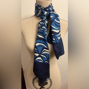 Vintage Italian Silk Scarf Old Money Blue White Rectangle 62x14”